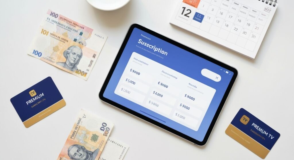 Tableau de comparaison des tarifs abonnement IPTV 12 mois avec calendrier et cartes de paiement