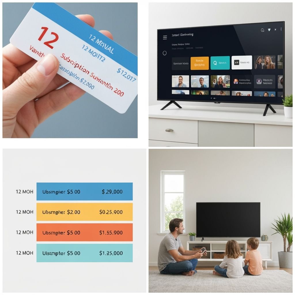 Quatre panneaux : carte d'abonnement annuel, interface de streaming, tableau comparatif tarifaire, famille regardant la...