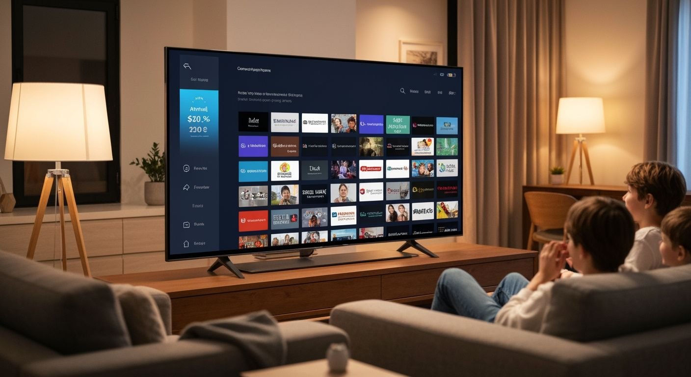 Téléviseur moderne affichant une interface de streaming avec grille de chaînes colorées dans un salon contemporain