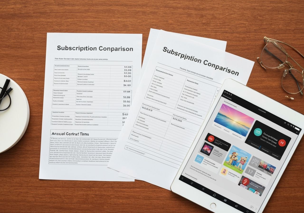 Documents de comparaison d'abonnements et conditions tarifaires annuelles sur bureau avec tablette