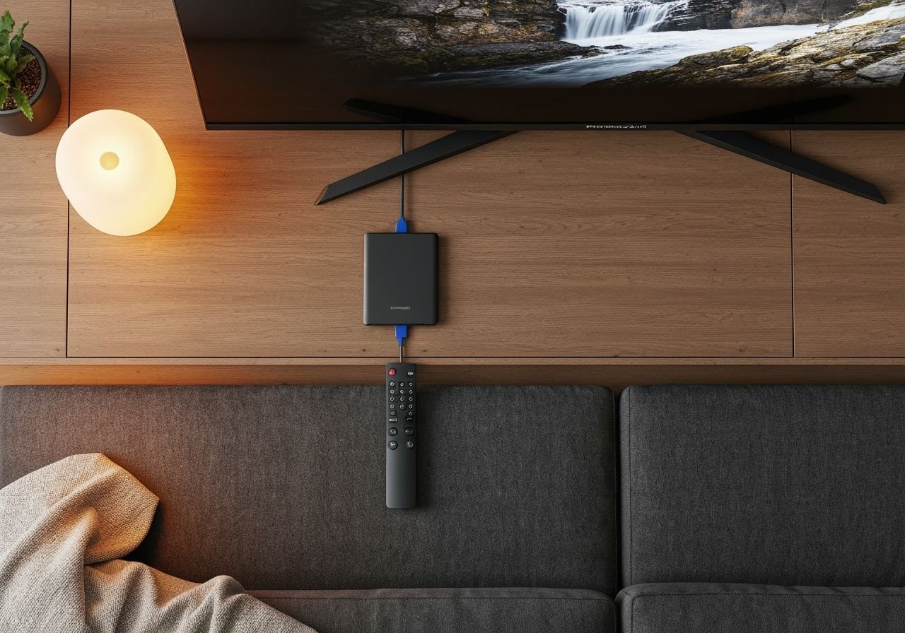 Installation complète d'un système de streaming IPTV dans un salon moderne avec Smart TV