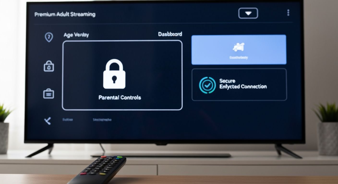 Interface d'abonnement IPTV adulte avec vérification d'âge et contrôles parentaux sur écran Smart TV