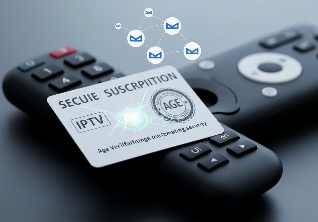 Carte d'abonnement IPTV premium avec symbole de vérification d'âge et connexion sécurisée