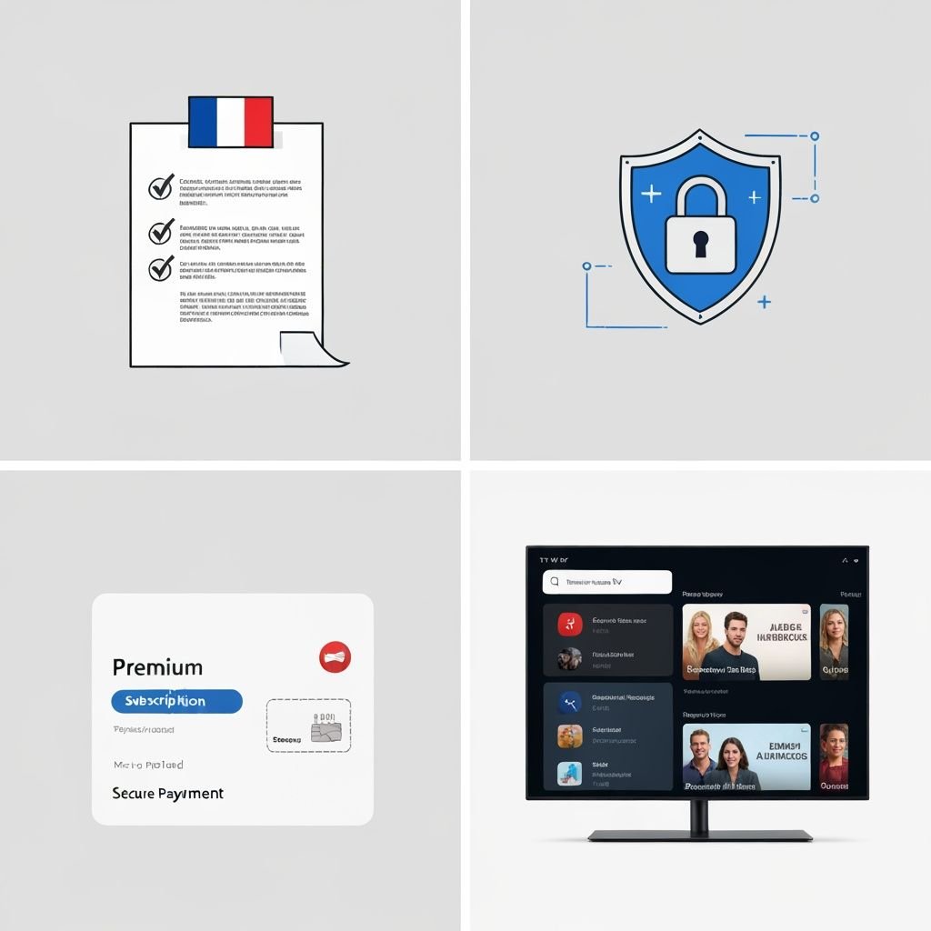 Quatre panneaux : conformité légale, vérification d'âge, paiement sécurisé, et contrôles parentaux sur Smart TV.
