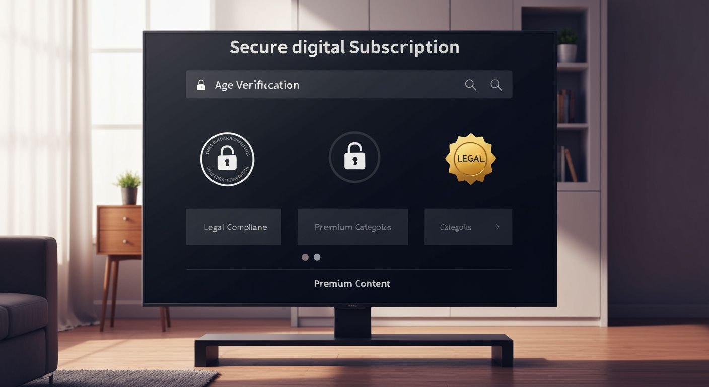 Interface d'abonnement IPTV sécurisée avec vérification d'âge et badge de conformité légale sur écran TV.