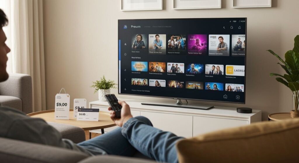 Salon moderne avec téléviseur affichant une interface de streaming et cartes d'abonnement visibles