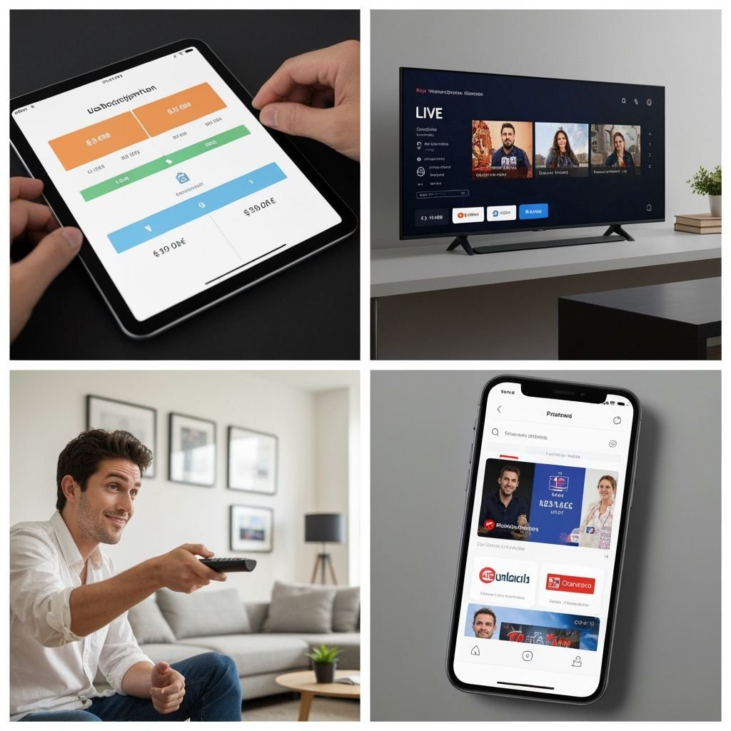 Quatre panneaux : comparatif tarifaire, Smart TV, utilisateur satisfait, interface mobile avec chaînes françaises.