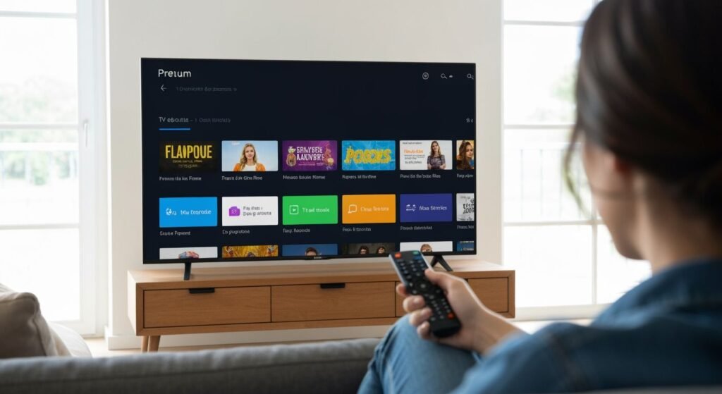 Salon moderne avec télévision affichant une interface de streaming et une personne tenant une télécommande.