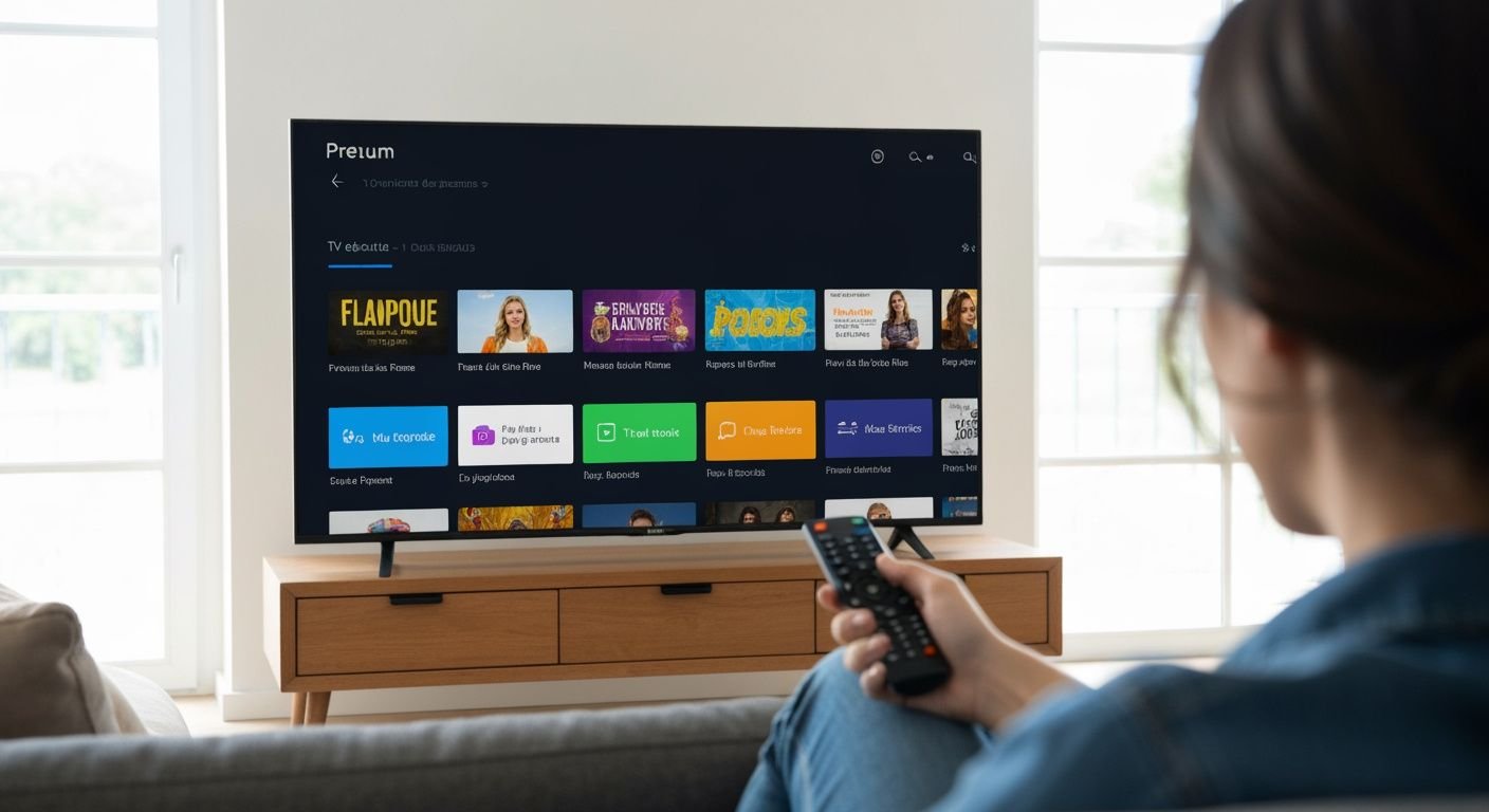 Salon moderne avec télévision affichant une interface de streaming et une personne tenant une télécommande.