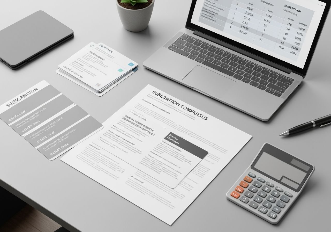 Cartes d'abonnement et documents de comparaison tarifaire sur un bureau avec ordinateur portable.