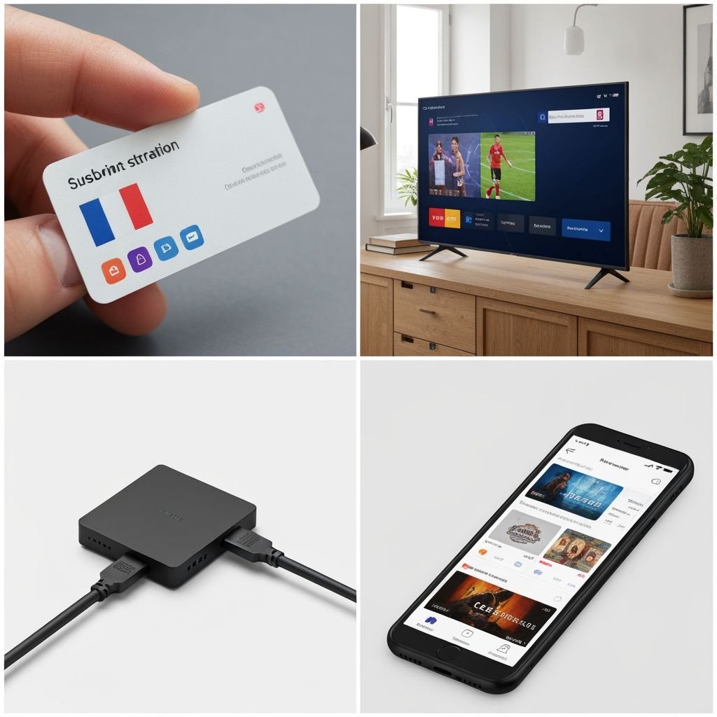 Quatre panneaux montrant carte d'abonnement, TV moderne, appareil streaming et application mobile IPTV