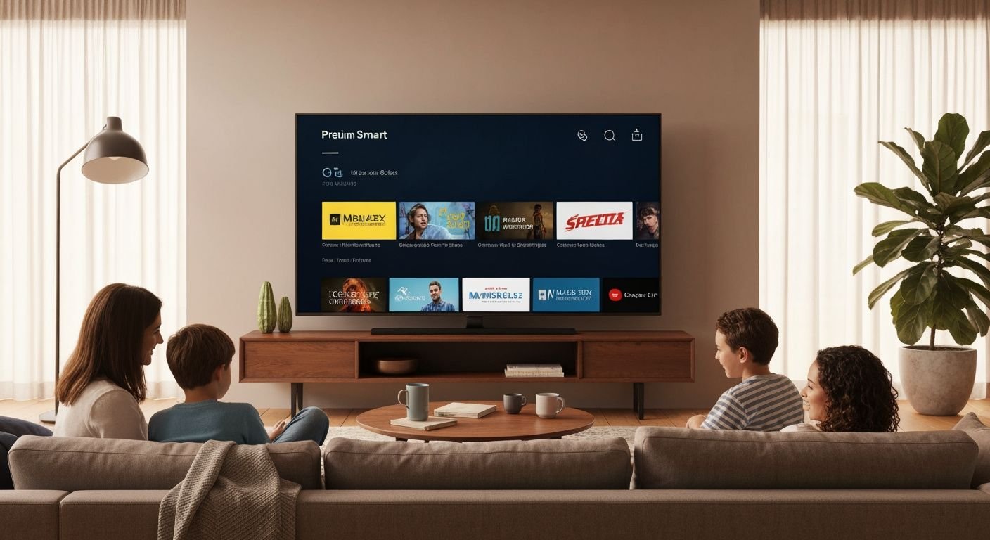 Famille regardant la télévision avec interface de streaming affichant des chaînes françaises et du contenu sportif
