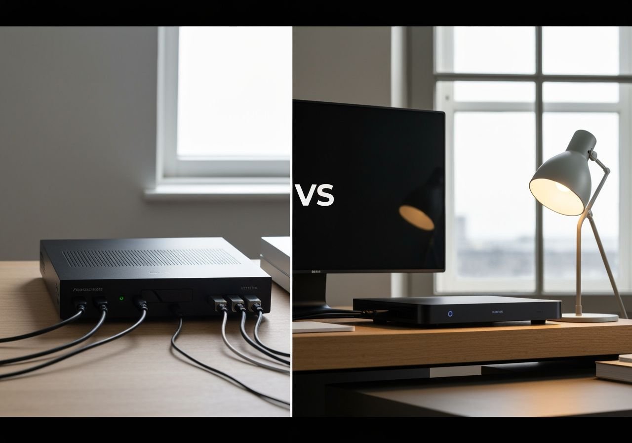 Comparaison entre installation TV traditionnelle et configuration streaming moderne et épurée