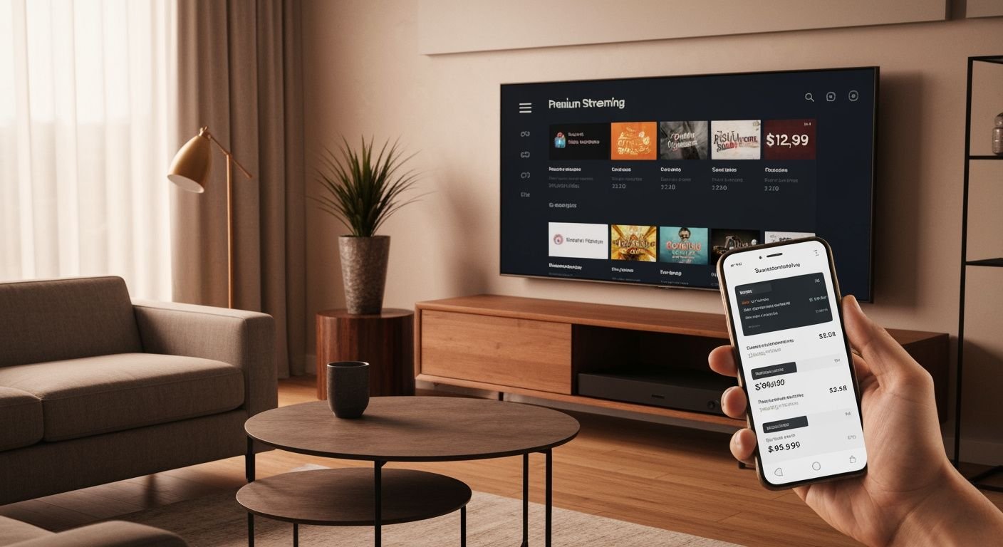 Écran de télévision affichant une interface de streaming avec options d'abonnement IPTV à prix réduit
