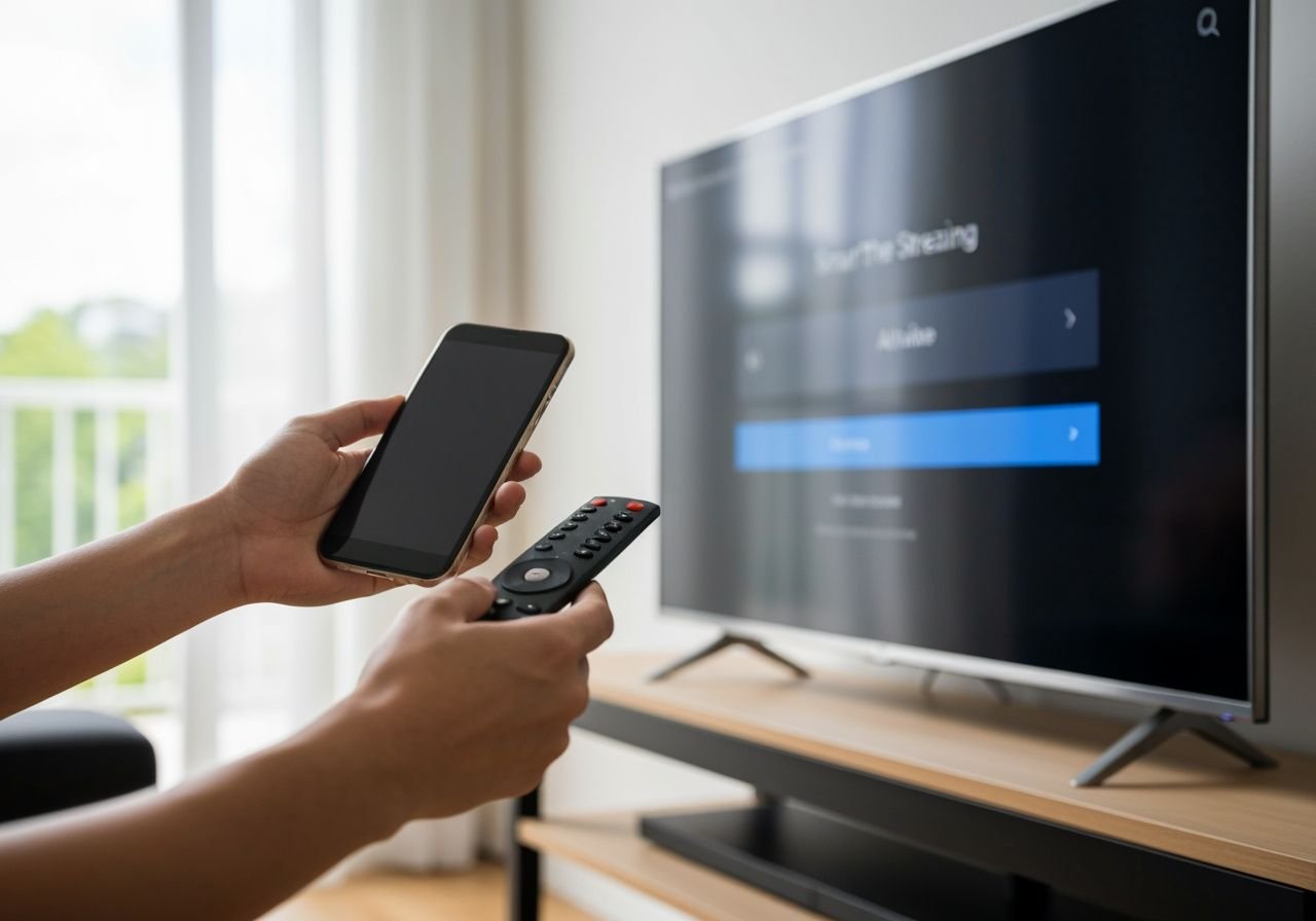 Activation d'une application SIPTV avec smartphone et télécommande face à un téléviseur