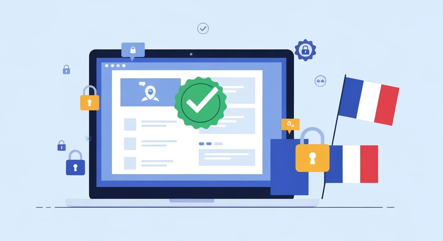 Interface de streaming légale avec badge de sécurité et symboles de protection sur fond clair.