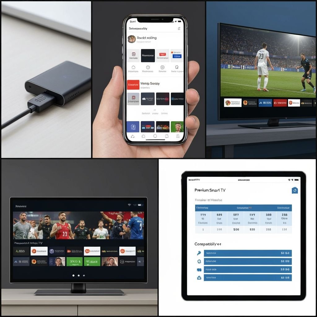 Grille de quatre images montrant appareils IPTV, interfaces d'applications, télévision intelligente et tableau comparatif