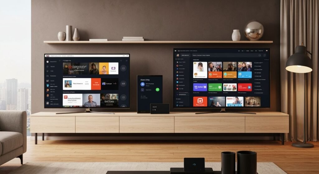 Comparaison d'applications IPTV sur plusieurs appareils de streaming modernes dans un salon