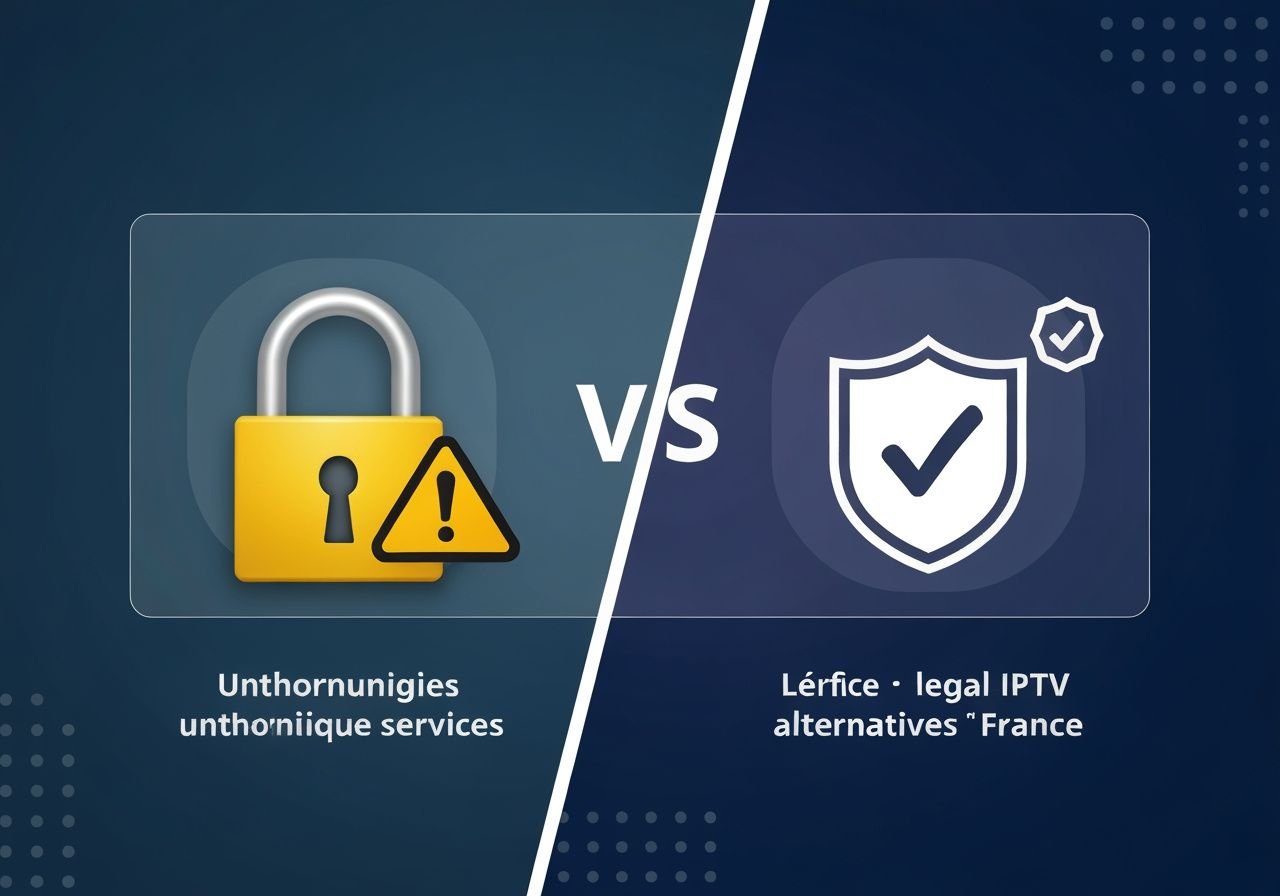 Contraste entre services non autorisés et plateformes IPTV légales certifiées en France avec symboles de sécurité
