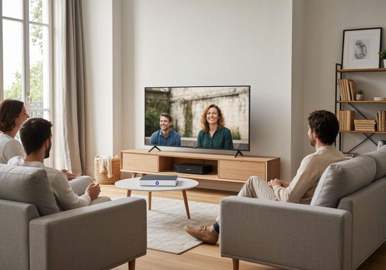 Famille regardant une émission sur une Smart TV avec un lecteur IPTV légal