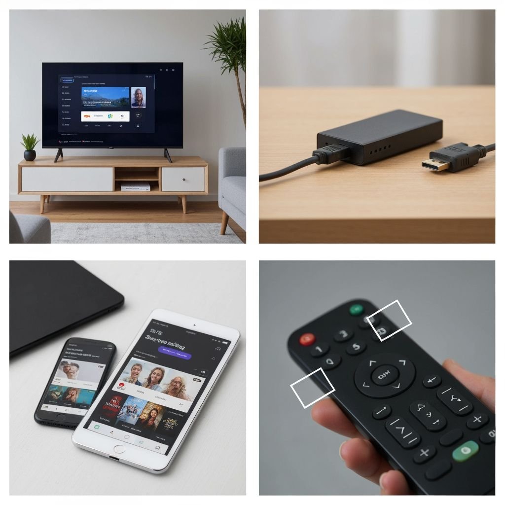 Quatre solutions IPTV : Smart TV, lecteur streaming, applications mobiles et télécommande connectée.