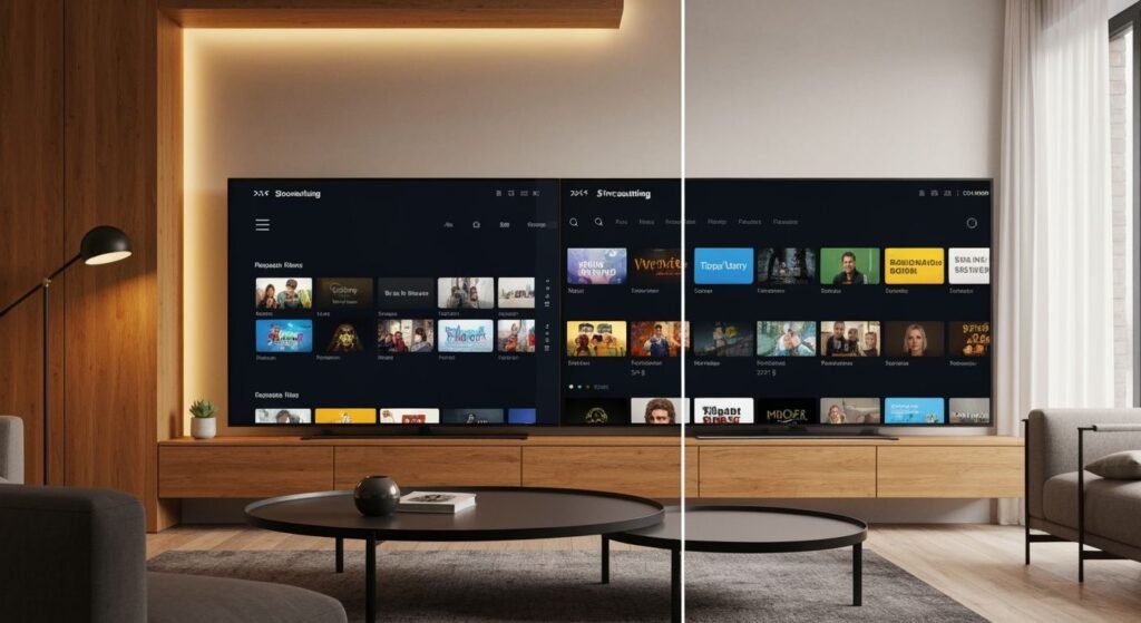 Téléviseur moderne affichant une interface de streaming avec plusieurs options de contenu vidéo.