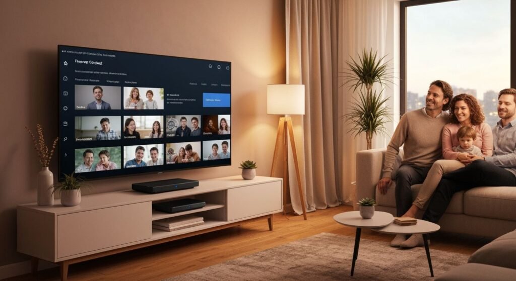 Famille regardant la télévision sur un téléviseur moderne avec une interface de streaming légale.