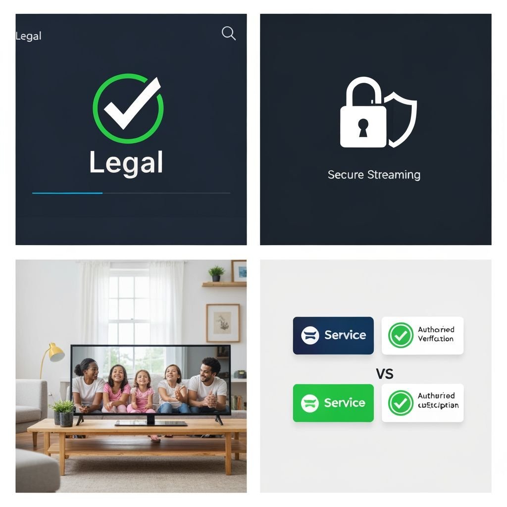 Grille comparant quatre aspects des services de streaming légaux : vérification, sécurité, confort et alternatives autorisées