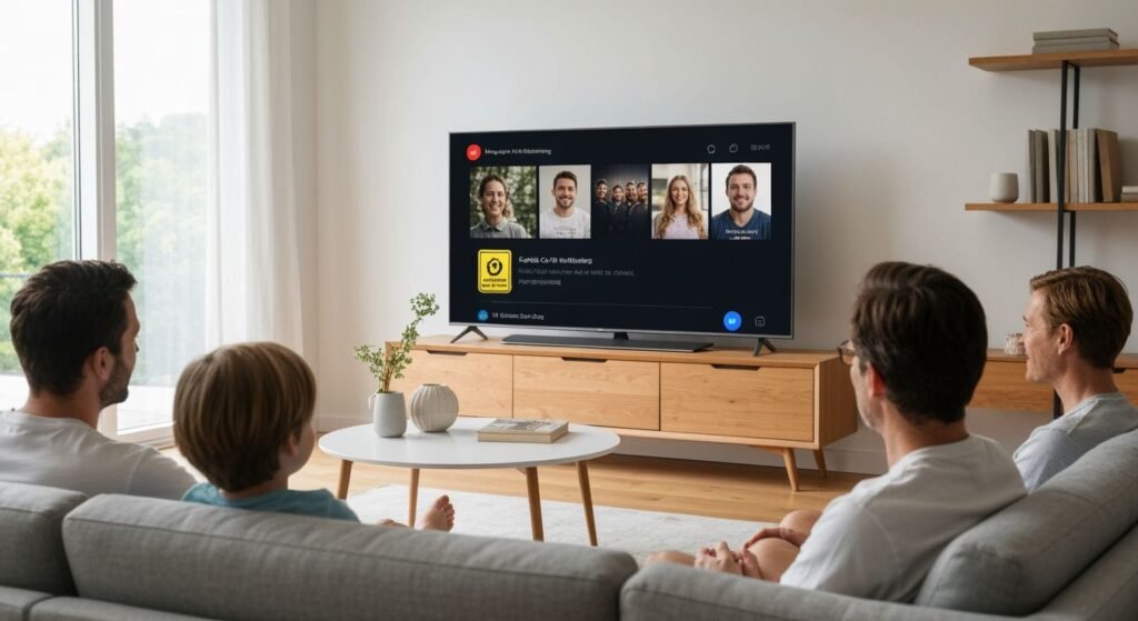 Famille regardant un service de streaming légal sur un téléviseur moderne avec interface sécurisée