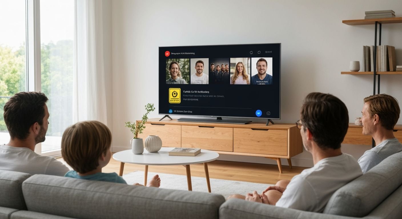 Famille regardant un service de streaming légal sur un téléviseur moderne avec interface sécurisée