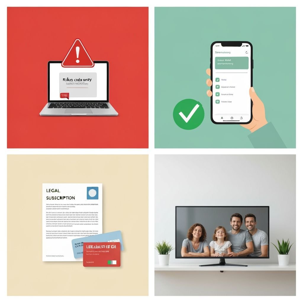 Quatre panneaux comparant les risques des codes gratuits et les avantages des alternatives légales sécurisées