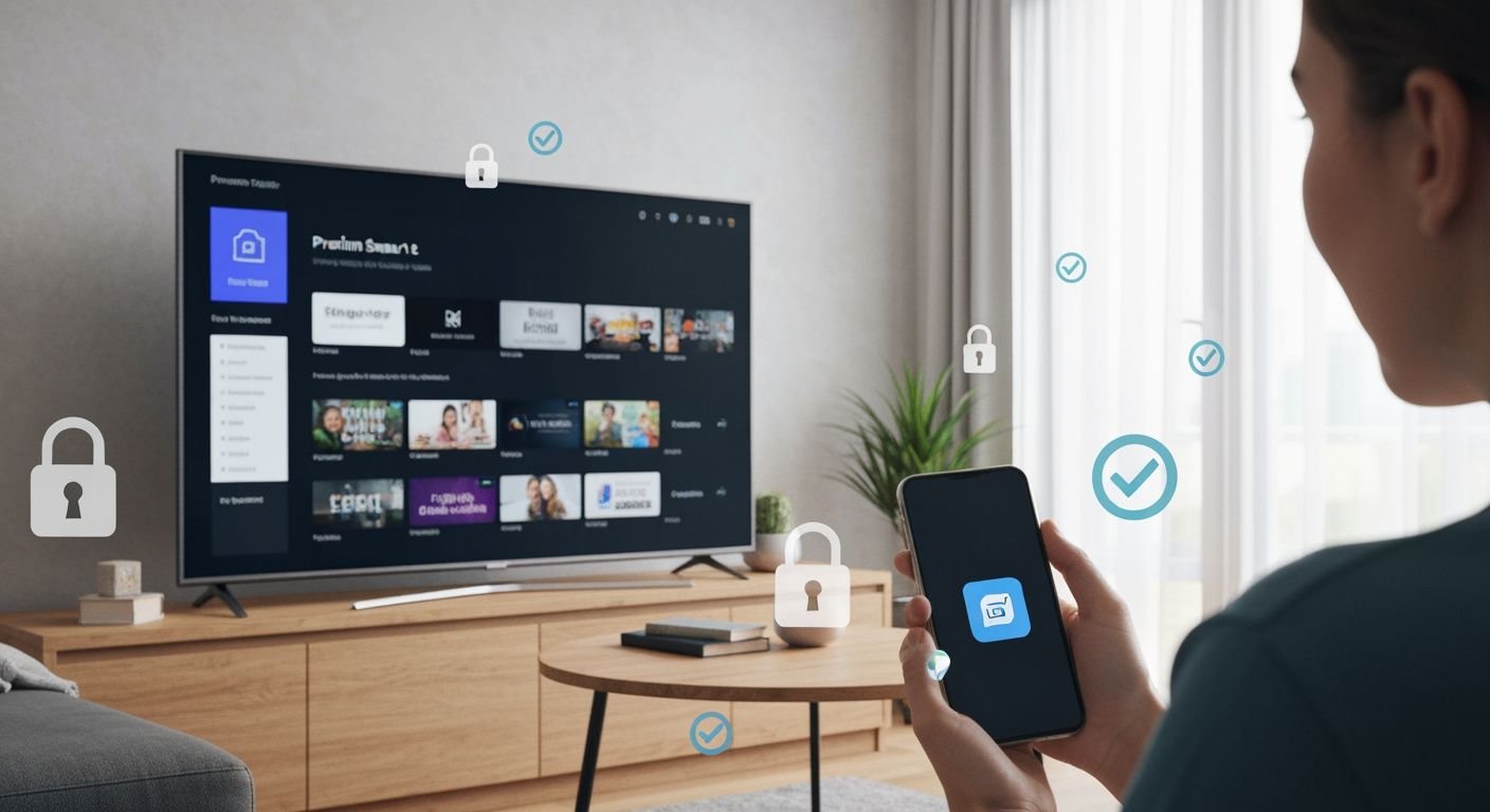 Téléviseur moderne affichant une interface de streaming légale avec symboles de sécurité et application mobile