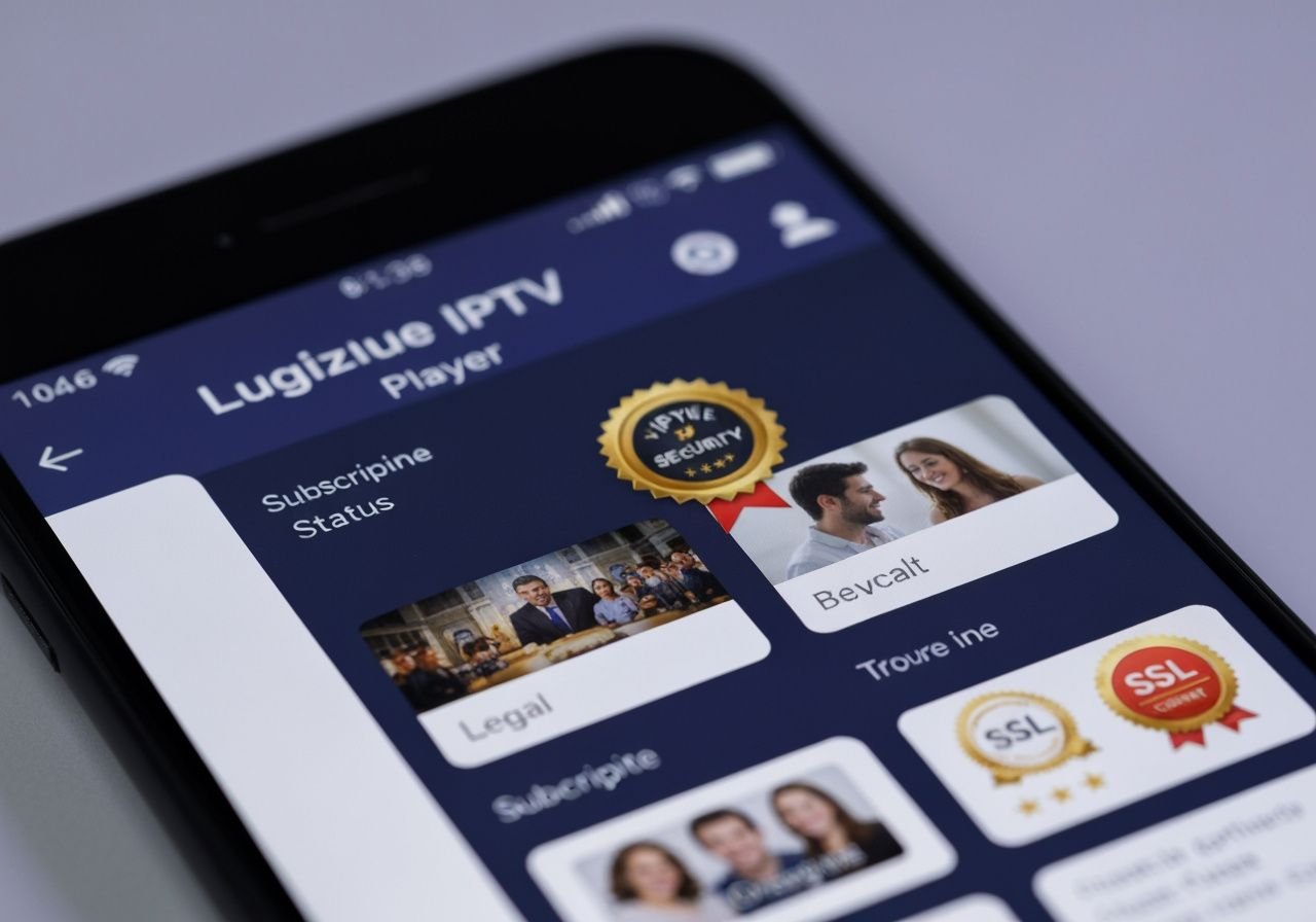 Application IPTV légitime sur smartphone avec badges de sécurité et indicateurs de confiance
