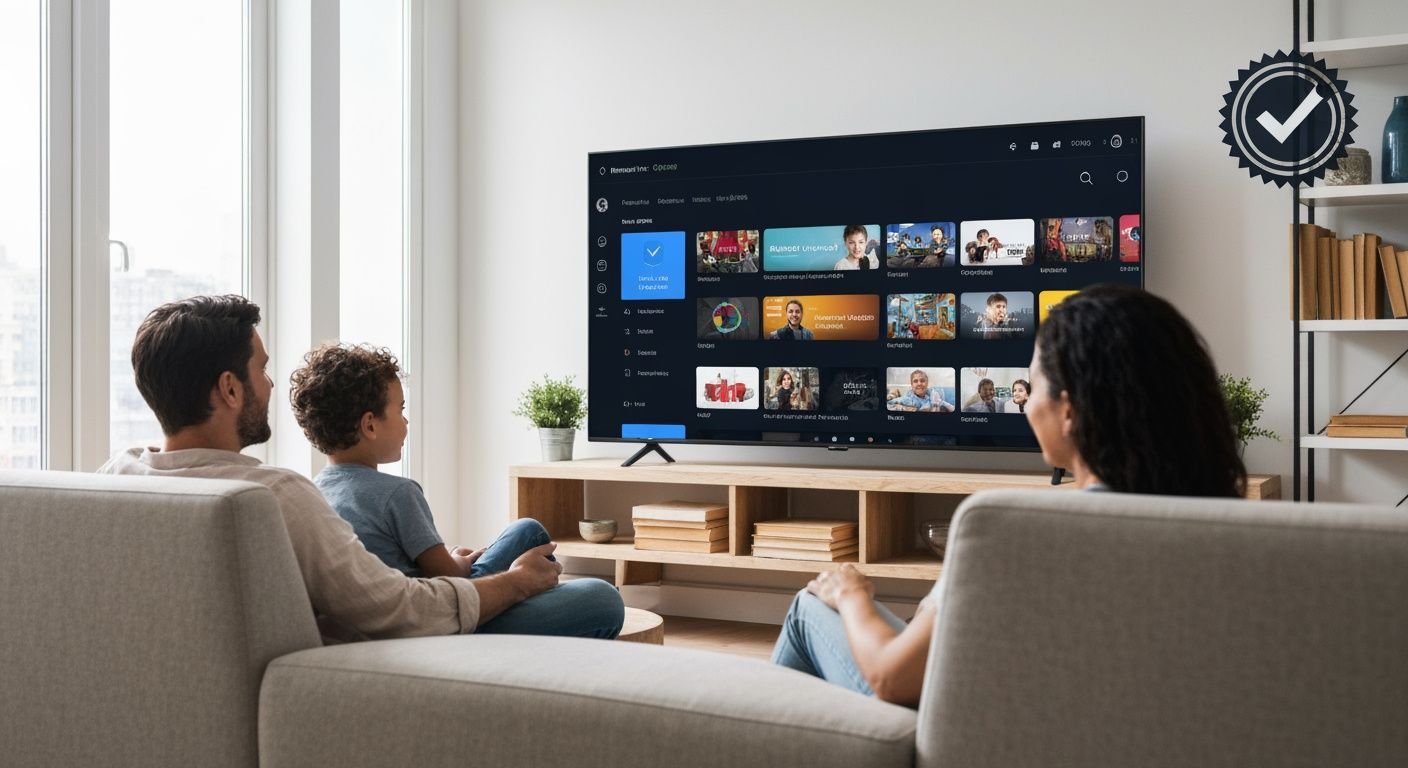 Famille regardant la télévision sur un téléviseur moderne avec une interface de streaming légale et autorisée.
