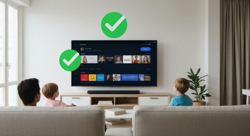 Famille regardant un service de streaming légal sur un téléviseur moderne dans un salon lumineux.