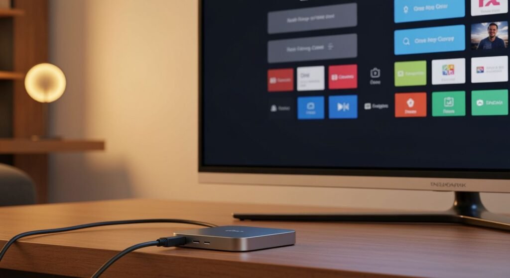 Boîtier streaming Android TV connecté à un téléviseur moderne avec interface de lecture affichée