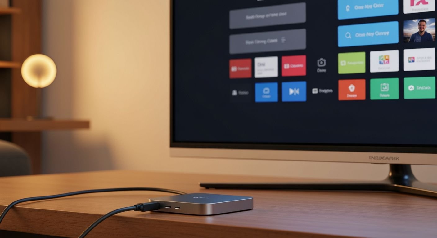 Boîtier streaming Android TV connecté à un téléviseur moderne avec interface de lecture affichée
