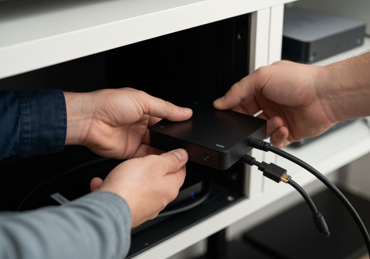 Installation détaillée d'un boîtier IPTV avec câbles HDMI organisés et manuel de configuration
