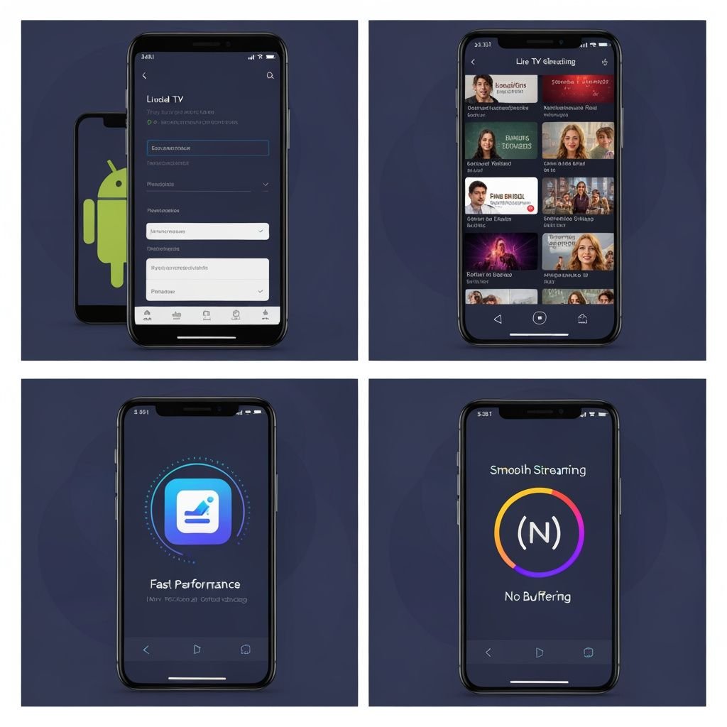 Quatre étapes : installation de l'application, interface de lecture, performance optimisée et streaming fluide sur mobile