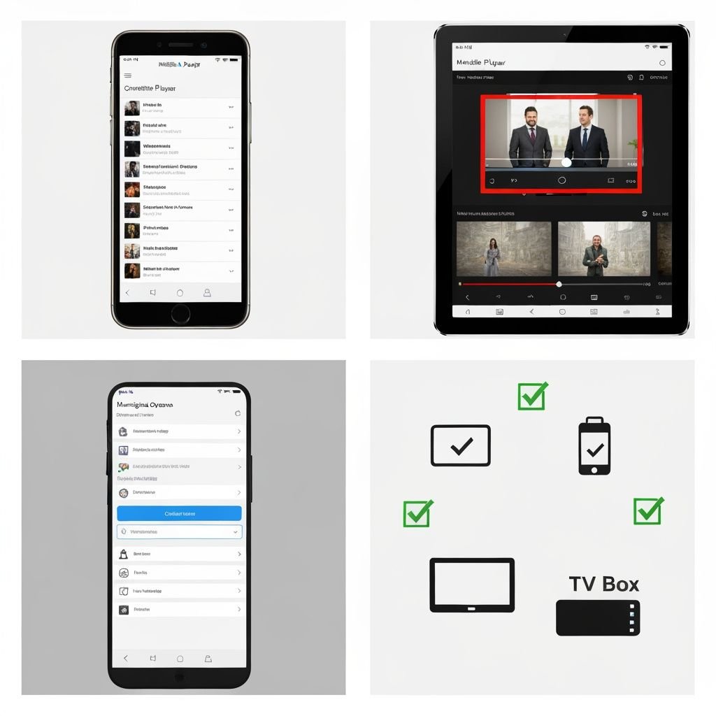 Grille comparant quatre aspects : lecteur sur mobile, lecture sur tablette, paramètres app et compatibilité multi-appareils