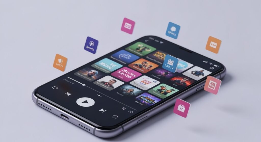 Smartphone affichant une interface de lecteur IPTV avec canaux et contrôles de lecture