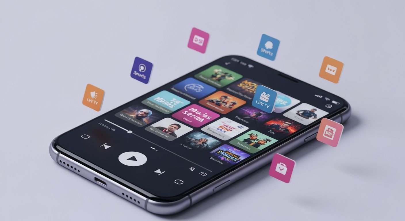 Smartphone affichant une interface de lecteur IPTV avec canaux et contrôles de lecture