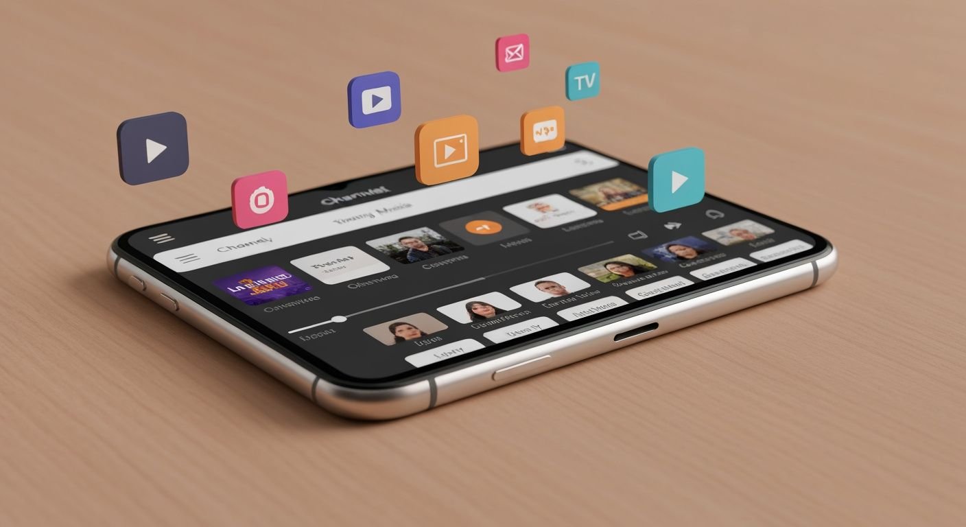 Smartphone affichant une interface de lecteur IPTV avec canaux et contrôles de lecture