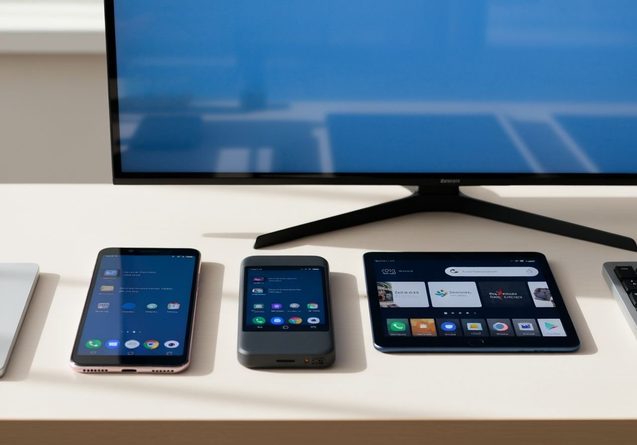 Trois appareils Android et Smart TV affichant des interfaces de streaming côte à côte