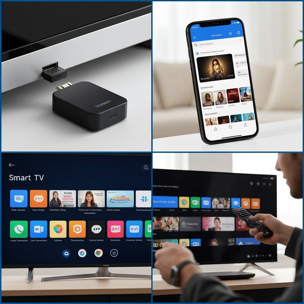 Quatre étapes : connexion d'appareil, application mobile, système d'exploitation Smart TV, et navigation à distance.