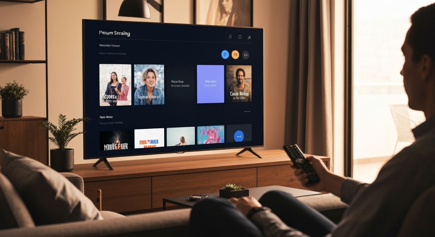 Téléviseur moderne affichant une interface de streaming avec une personne tenant une télécommande.