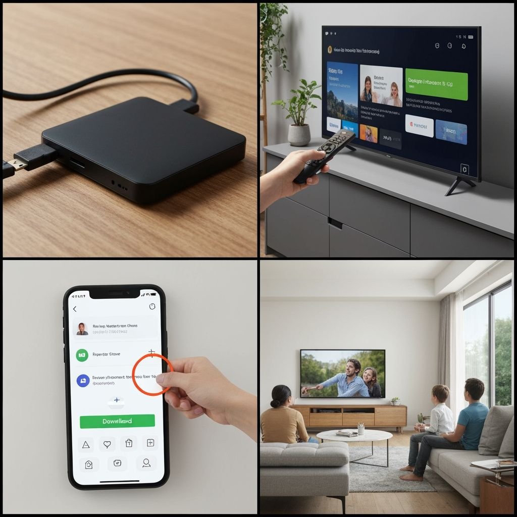 Quatre étapes d'installation : appareil de streaming, télécommande, application mobile, et famille regardant la télévision.