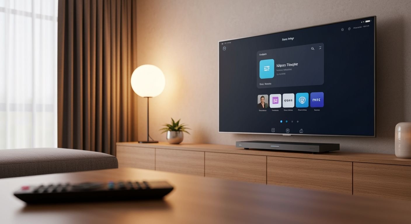 Téléviseur moderne affichant une interface de streaming générique sur un lecteur multimédia compact.