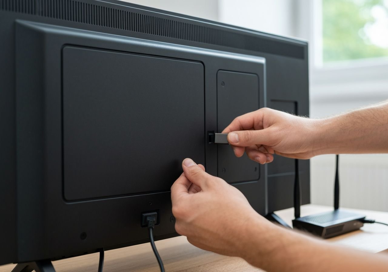 Installation d'un appareil de streaming HDMI sur un téléviseur moderne avec câbles réseau visibles.