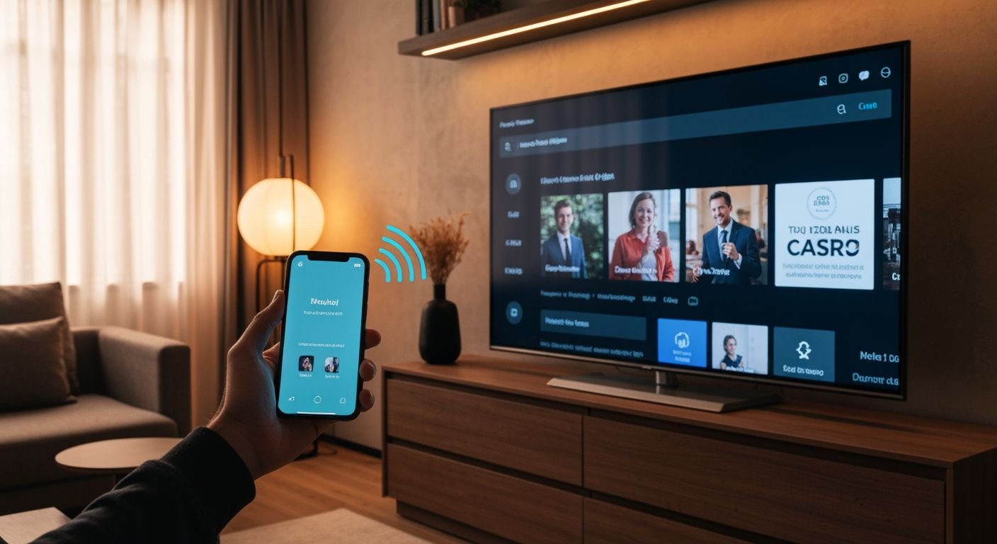 Smartphone diffusant du contenu IPTV sur un téléviseur moderne via casting sans fil